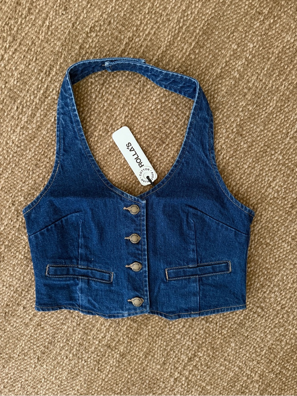 ROLLA’S Halter Denim Vest S Cropped Button Front Dark Wash NWT